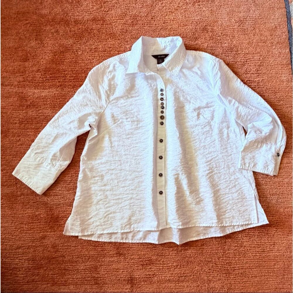 Ali Miles Textured Button Front Shirt Size PL White 3/4 Sleeve